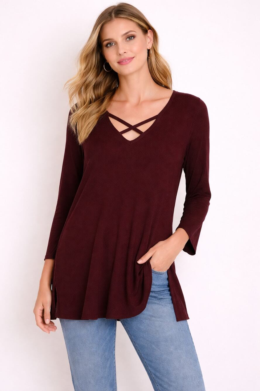 Free People Criss Cross Tunic Sweater Burgundy Red Size XL Bell Sleeves